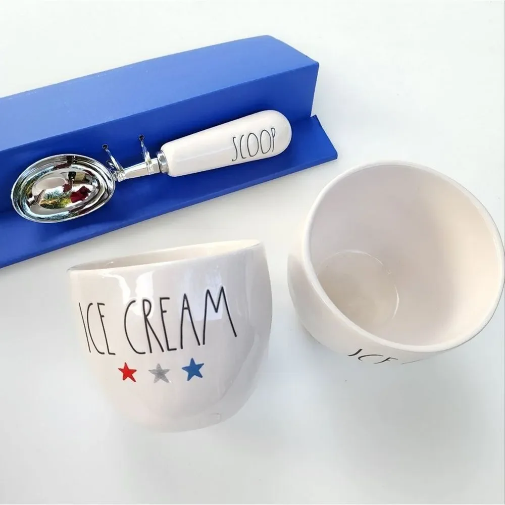 Rae Dunn Ice Cream Scoop And Two Ceramic Bowls Set of 3pcs Patriotic Celebration